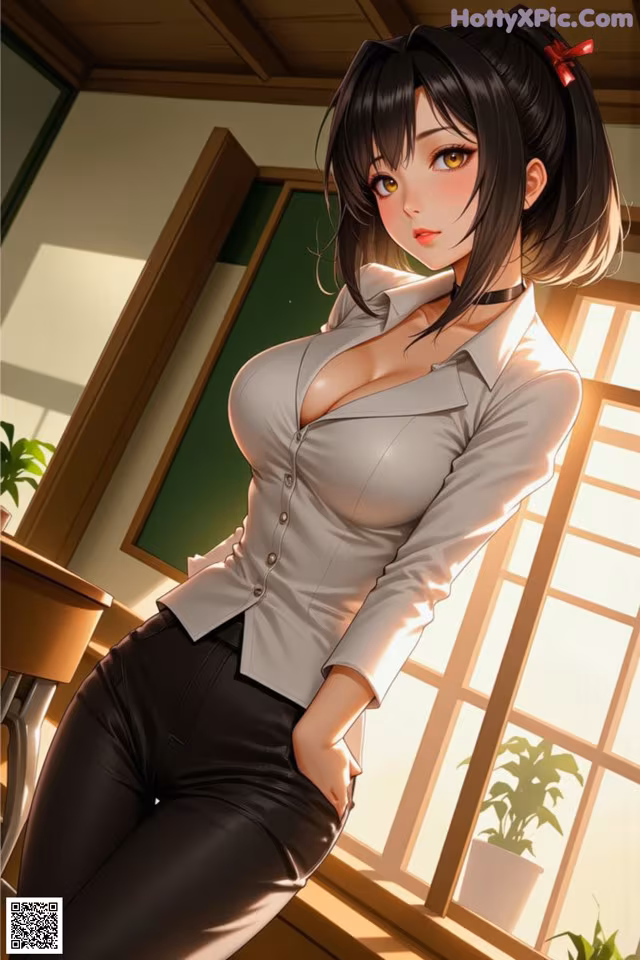 A woman in a white shirt and black pants posing for a picture.