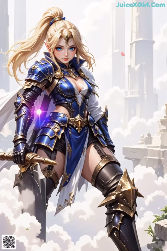 A woman in armor holding a sword in front of a city.
