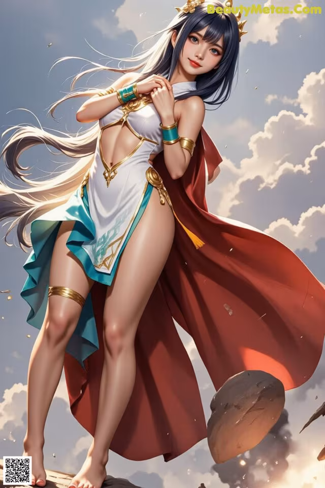 A woman in a white and blue outfit with a red cape.