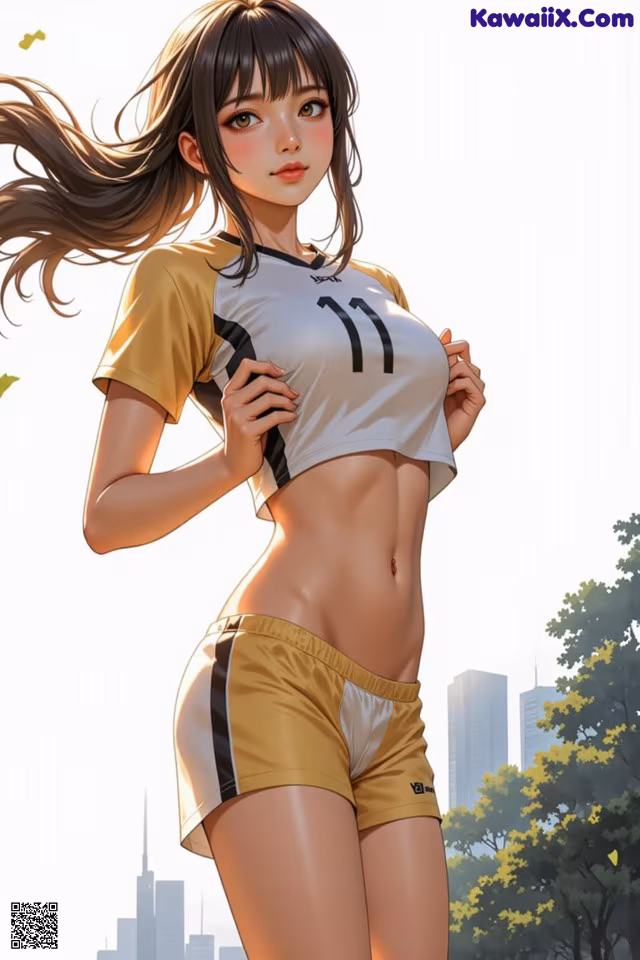 A woman in a yellow and white shirt and shorts posing for a picture.