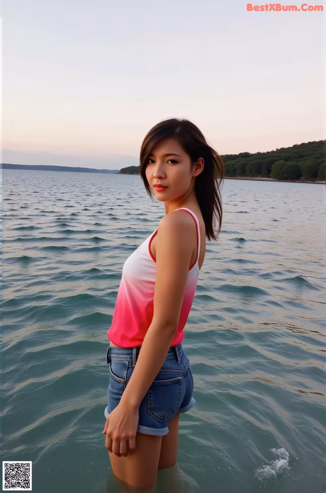 A woman standing in the water with her hands in her pockets.