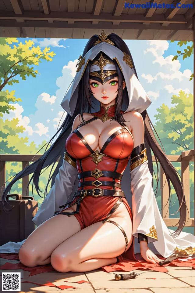 A woman in a red and white outfit sitting on a wooden deck.