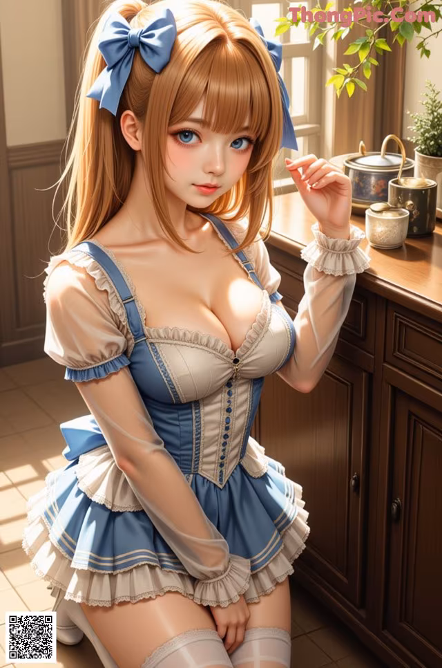A woman in a blue and white dress posing for a picture.