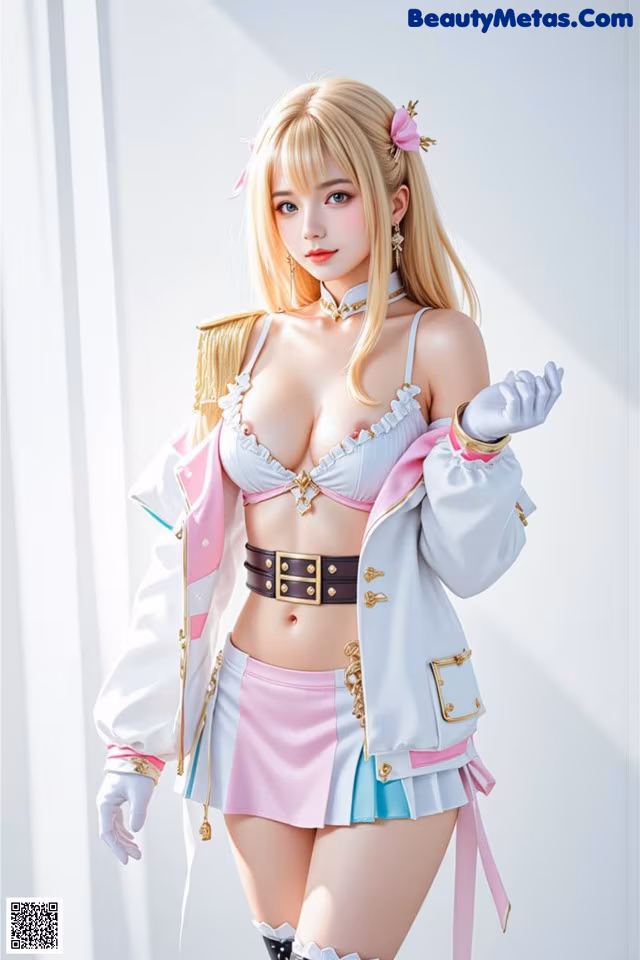A woman in a white jacket and pink skirt posing for a picture.