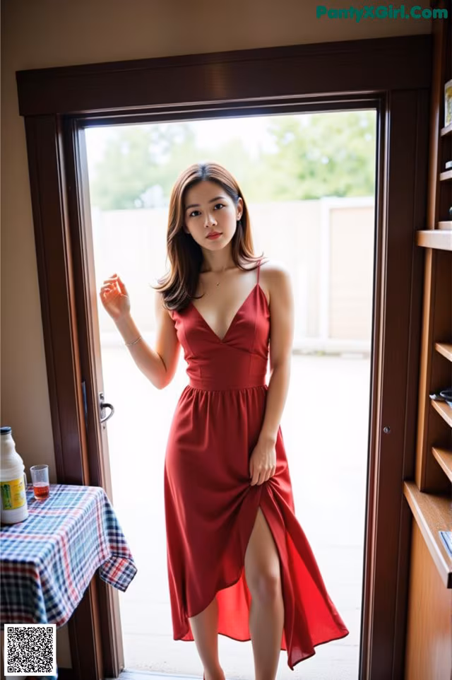 A woman in a red dress standing in front of a door.