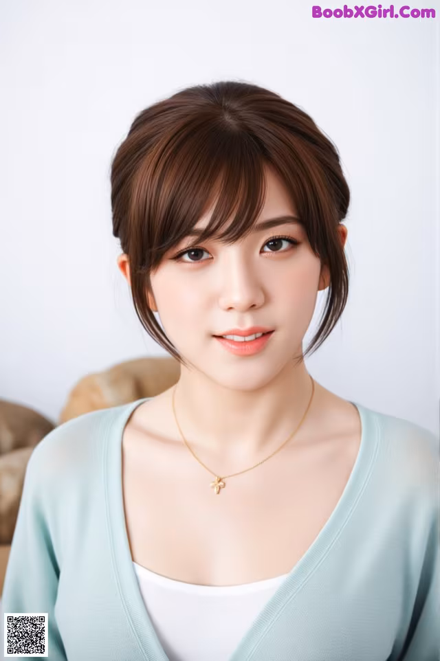 A woman wearing a green cardigan and a gold necklace.