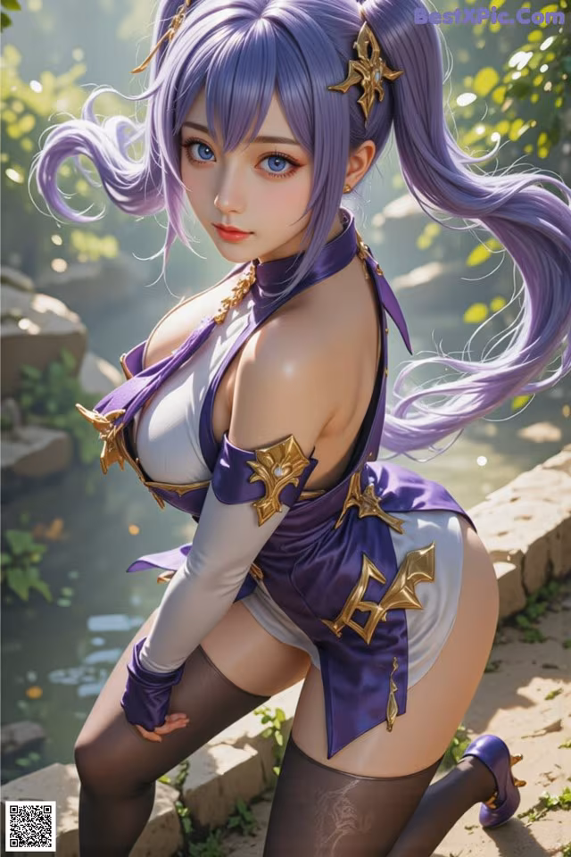 A woman with long purple hair is posing for a picture.