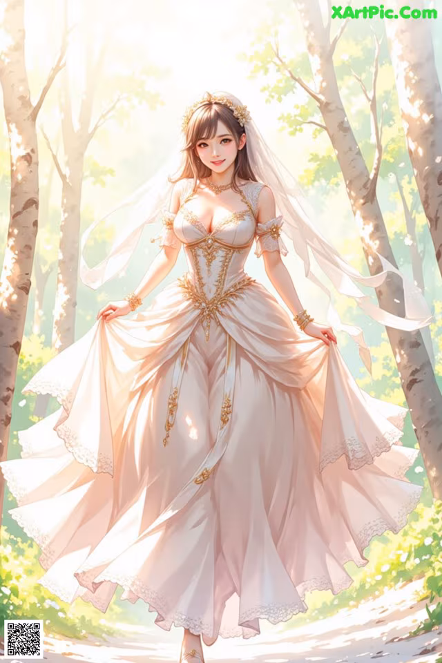 A woman in a wedding dress walking through a forest.